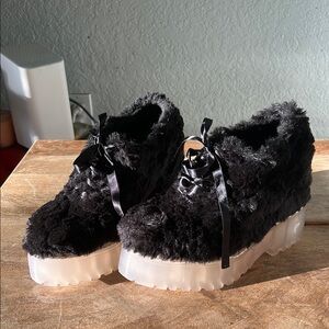 Jeffrey Campbell Anola-f Fuzzy Black lace up Platform Shoes women’s 7